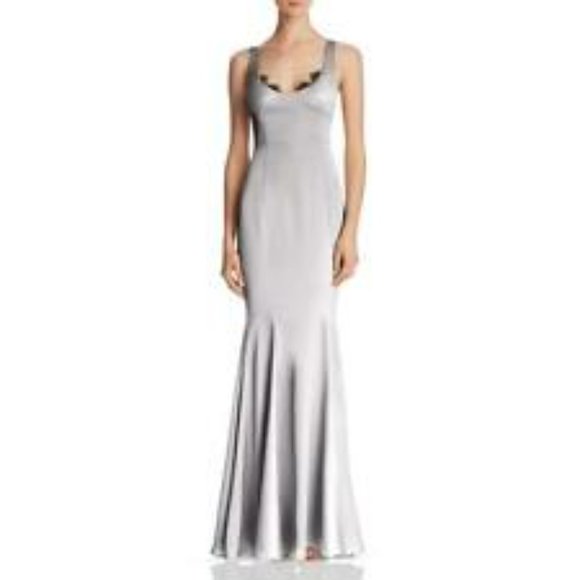 FAME and PARTNERS Silver Gray Gown in Satin and Black Lace Size 12 Brand New - Picture 9 of 9